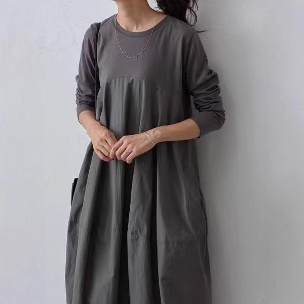 Long-Sleeve Crew Neck Plain Midi Smock Dress Product Image