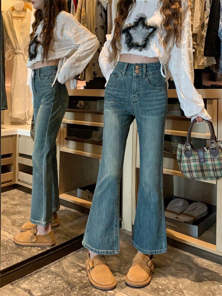 High Waist Washed Bootcut Jeans Product Image