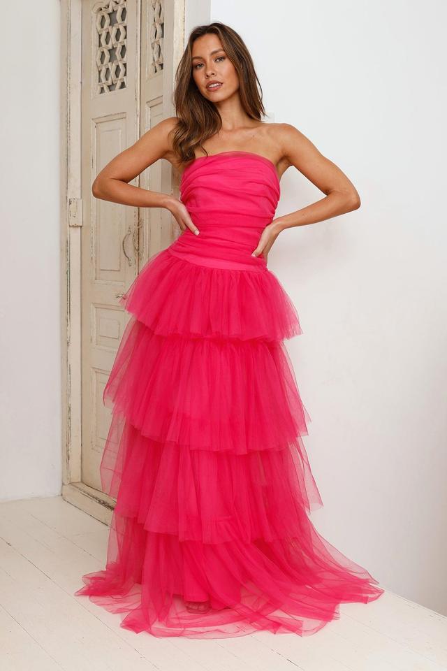 HELLO MOLLY Hidden Opal Strapless Tulle Maxi Dress Hot Pink Product Image