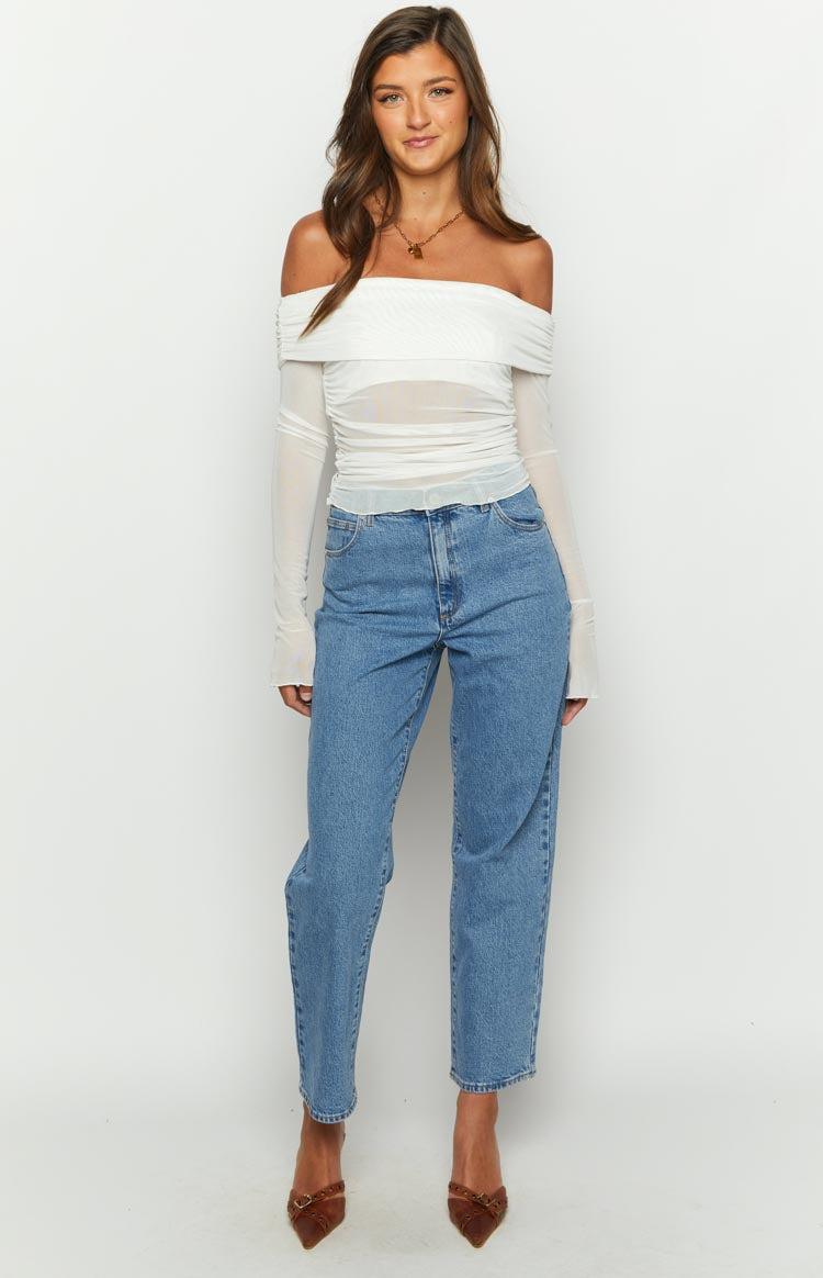 Sky White Mesh Off Shoulder Top Product Image