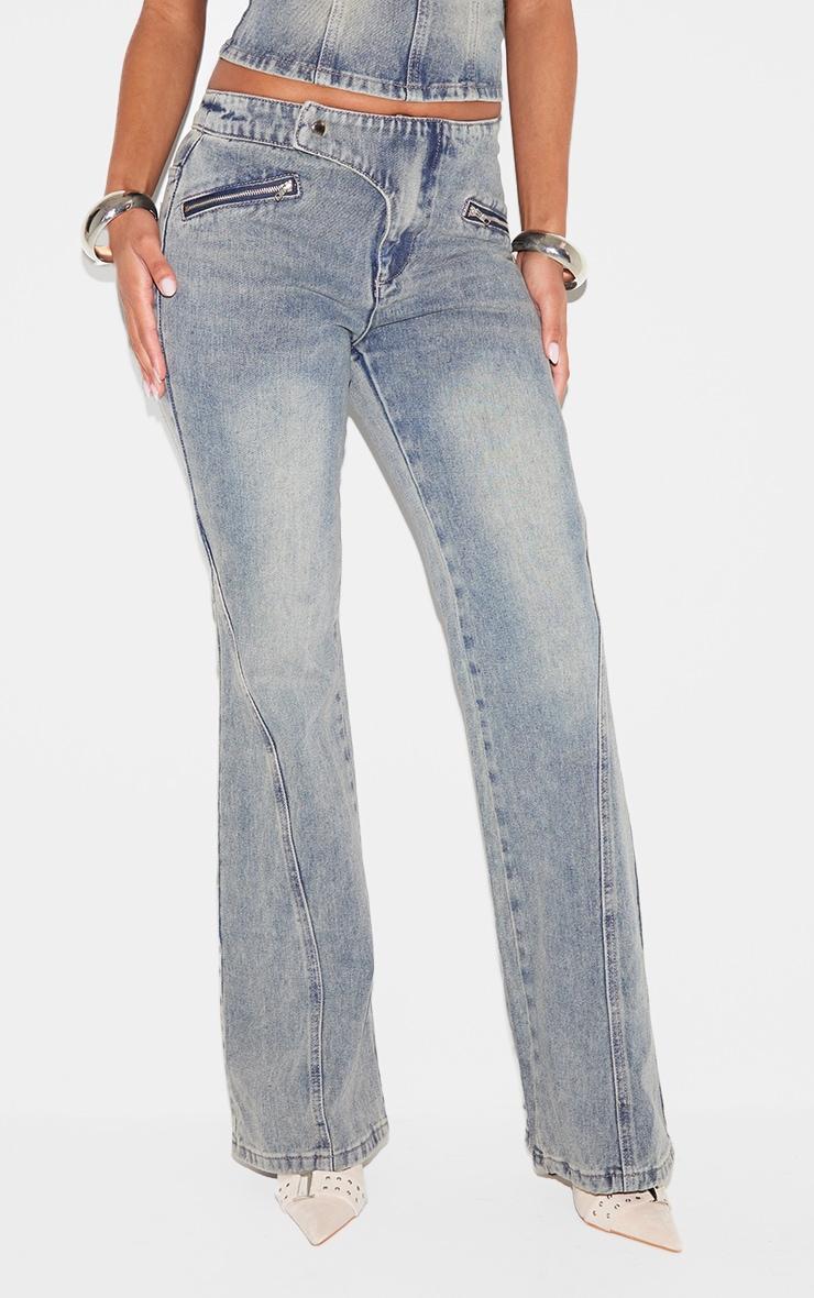 Vintage Asymmetric Waistband Jet Zip Detail Flared Jeans Product Image