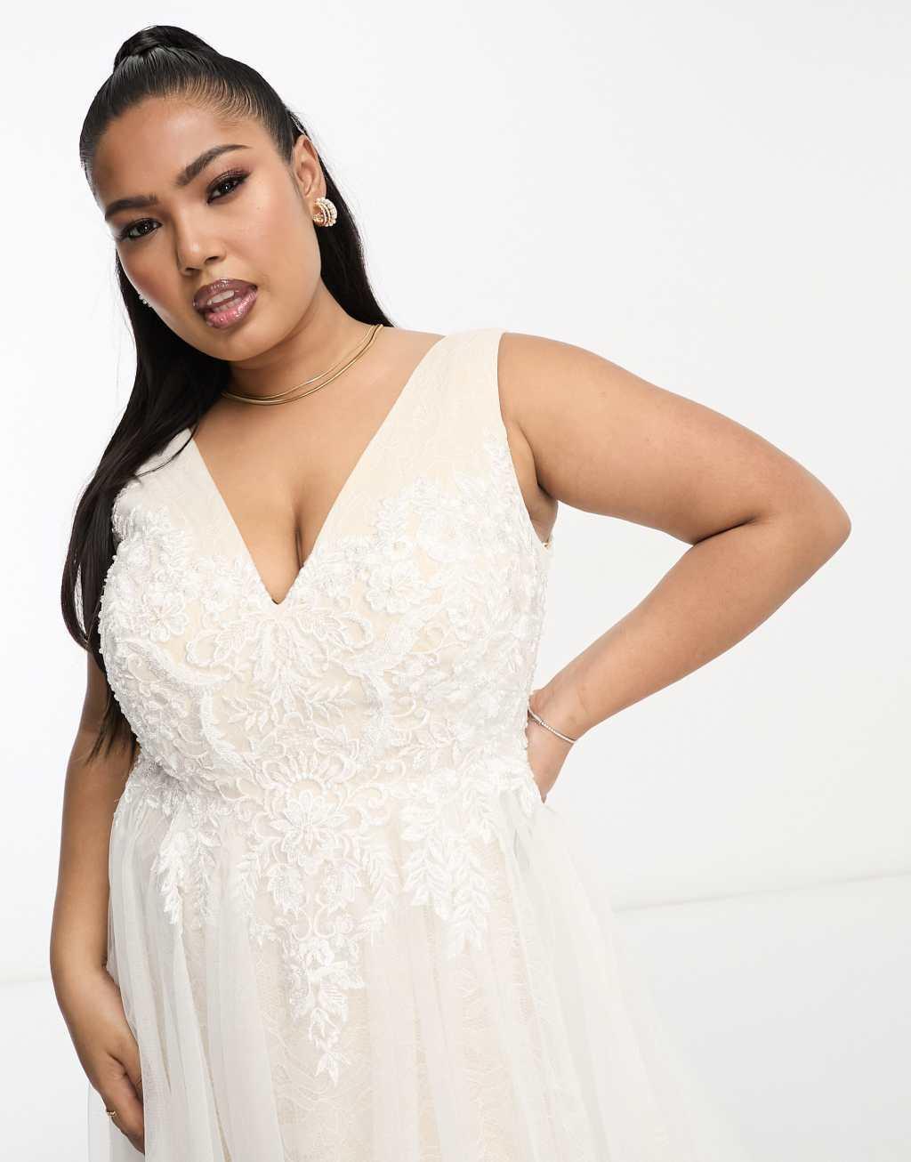 ASOS DESIGN Curve Sienna bead and embroidered plunge bodice wedding dress with lace underlay in ivory Product Image