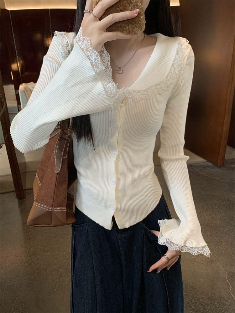 Long-Sleeve Collar Lace Trim Button Ribbed Knit Top Product Image