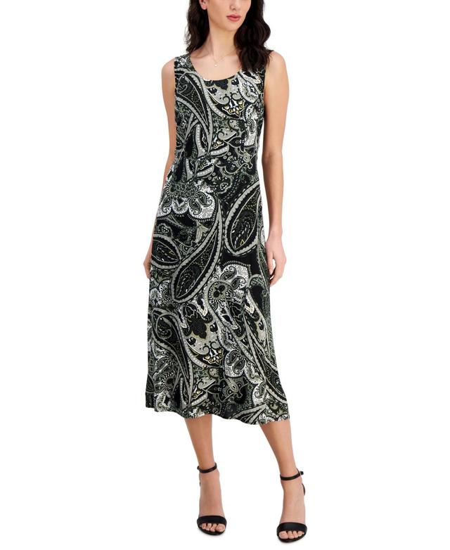 Connected Womens Printed Round-Neck Tie-Back Midi Dress Product Image