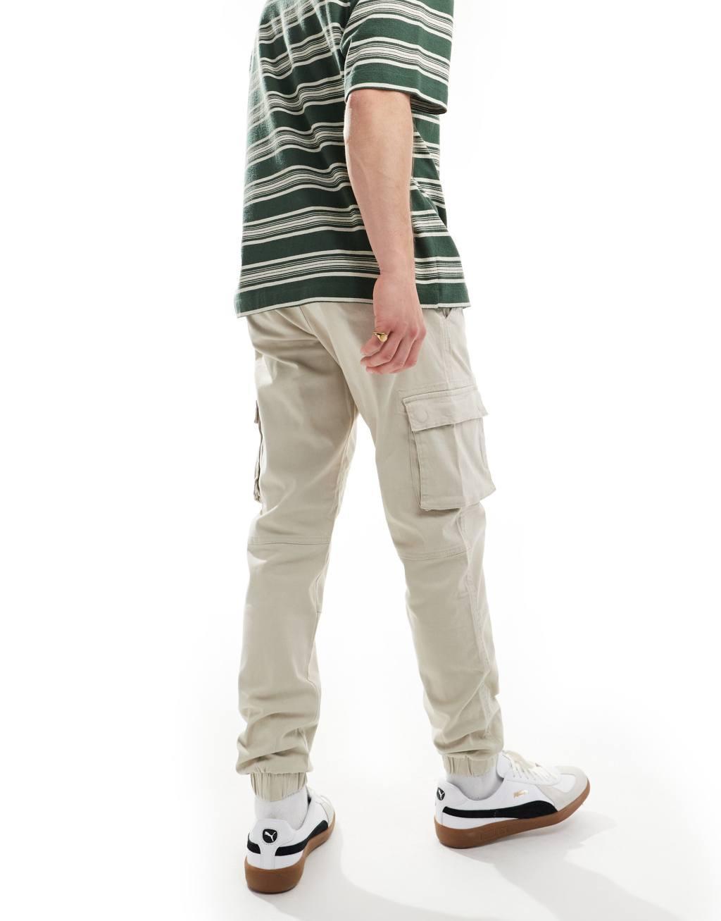 Only & Sons tapered fit cargo pants with cuffed bottoms in sand Product Image