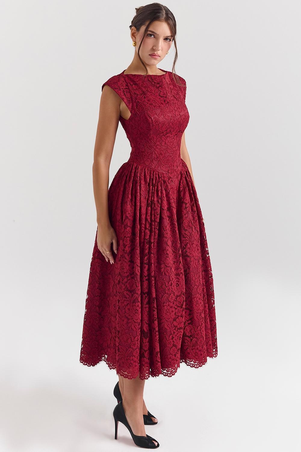 Debutante Berry Lace Backless Midi Dress Product Image