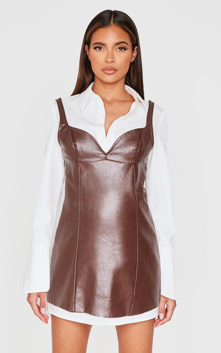  Burgundy Faux Leather Corset Detail Long Sleeve Shirt Dress Product Image