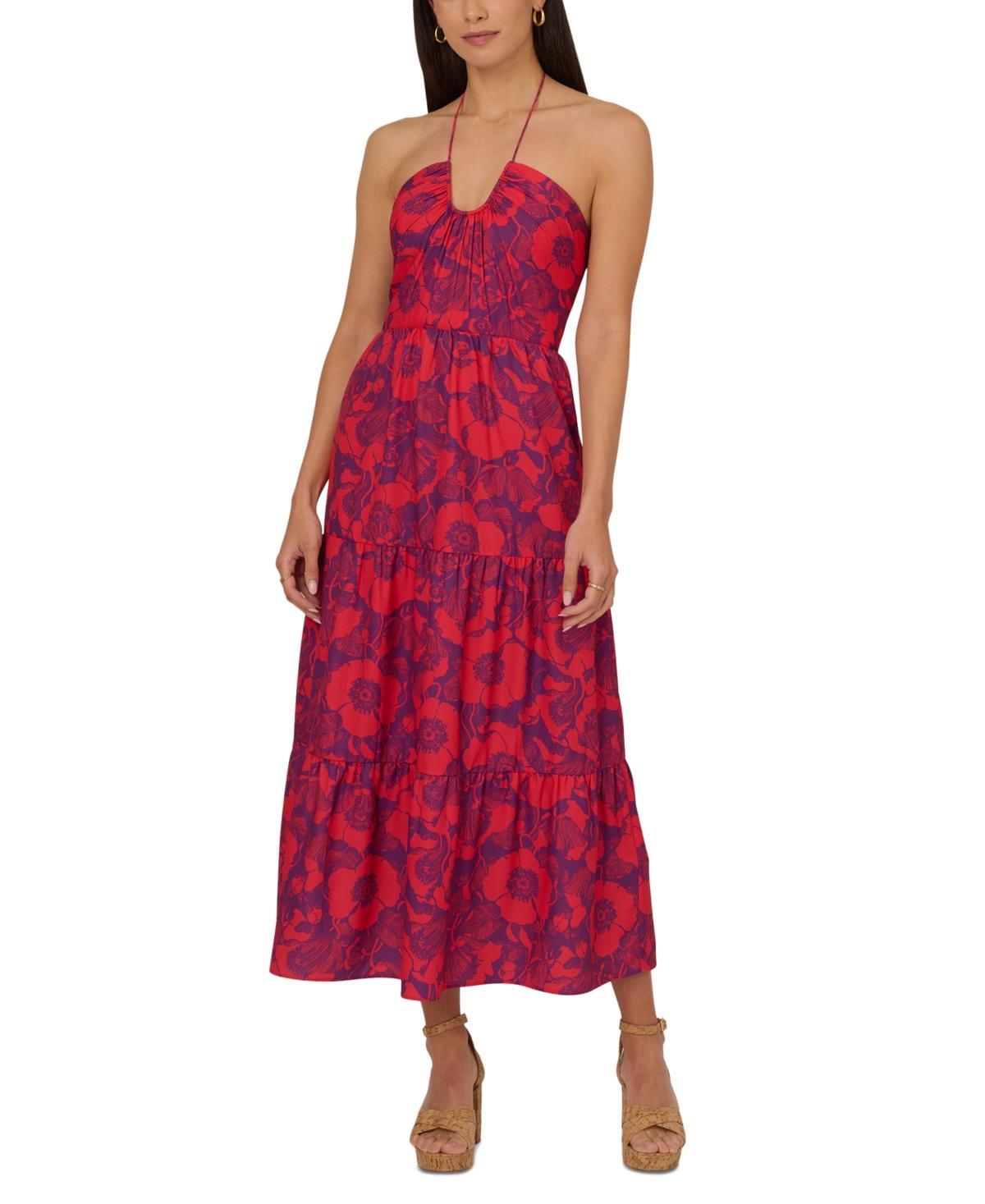 Adrianna by Adrianna Papell Womens Floral Print Halter Sleeveless Midi Dress - Purple product image