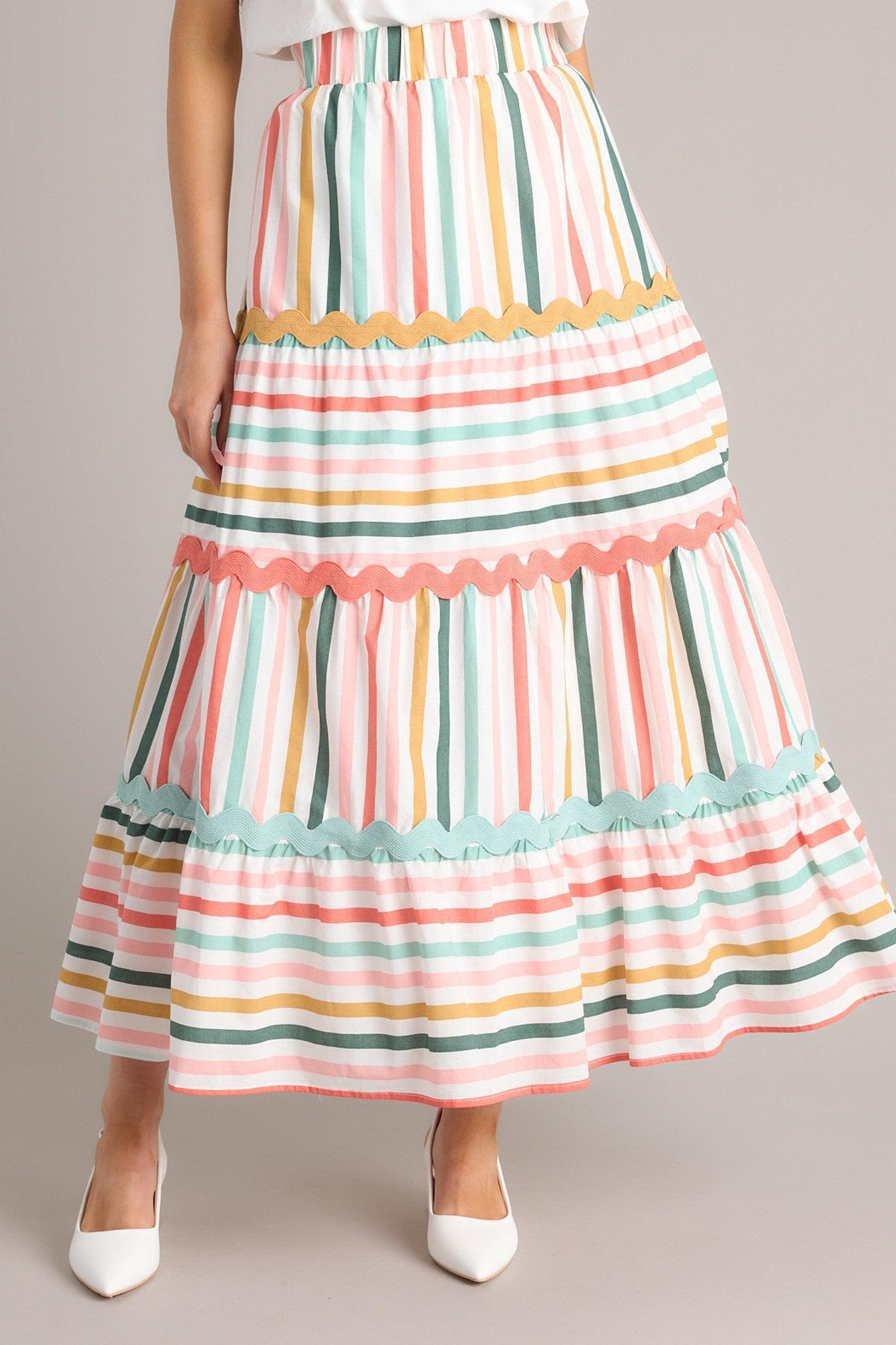 Meet For Tea Sage Multi Stripe Cotton Maxi Skirt Product Image