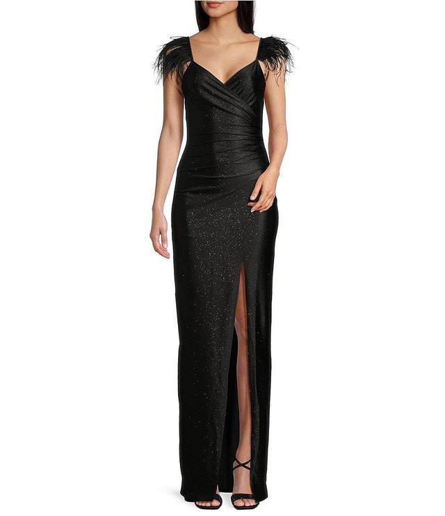 Honey and Rosie Feather Shoulder Trim Faux Wrap Front Slit Long Dress Product Image