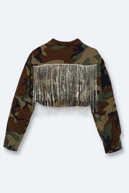 Embellished Fringe Cropped Camo Jacket Product Image