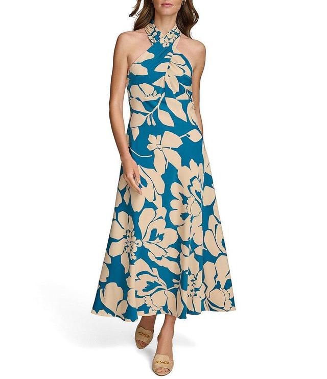 Donna Karan Sleeveless Halter Neck Floral Satin Maxi Dress Product Image