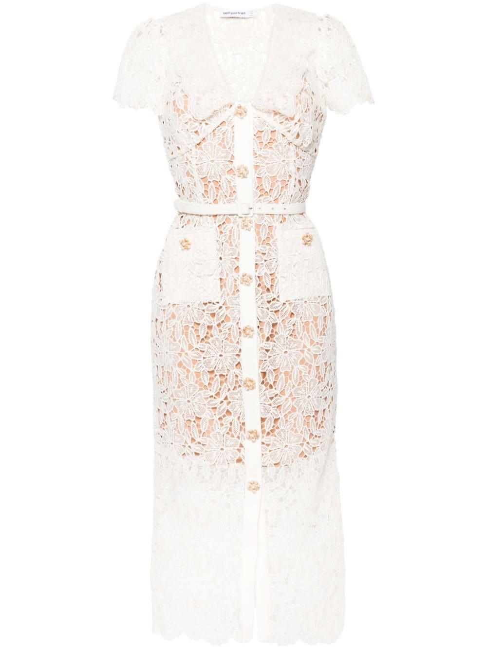 Floral-embroidered Lace Midi Dress In Neutrals Product Image