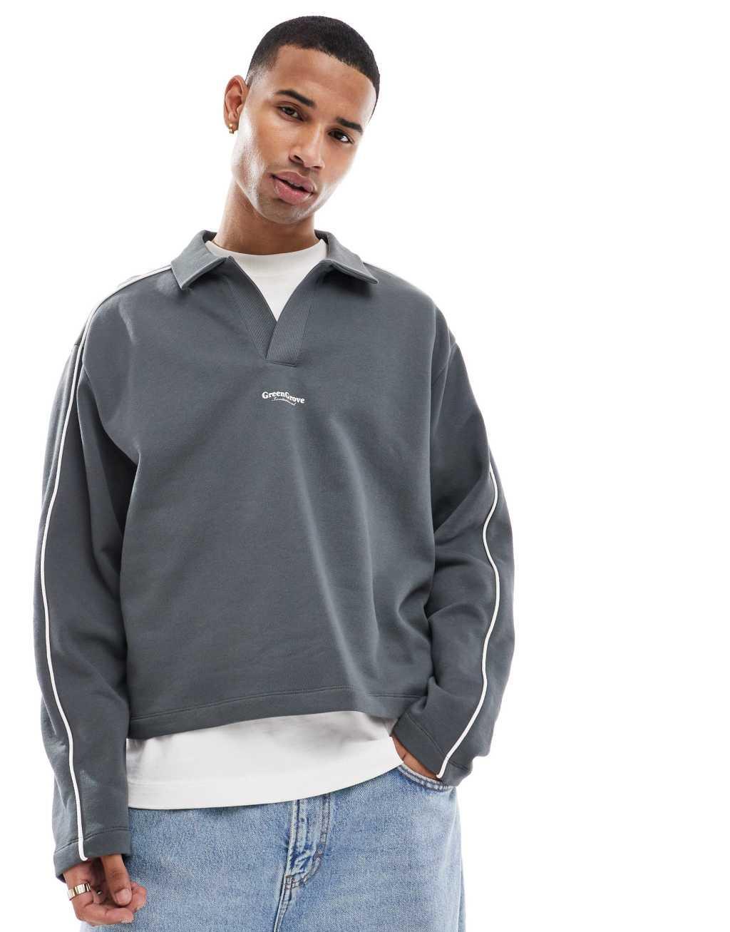 ASOS DESIGN oversized boxy sporty polo sweatshirt in gray Product Image