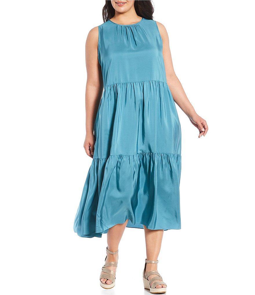 Eileen Fisher Plus Size Silk Round Neck Sleeveless Tiered Midi Shift Dress Product Image