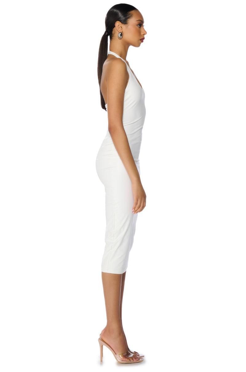 PAXTON DISCO HALTER NECK PU MIDI DRESS IN WHITE Product Image