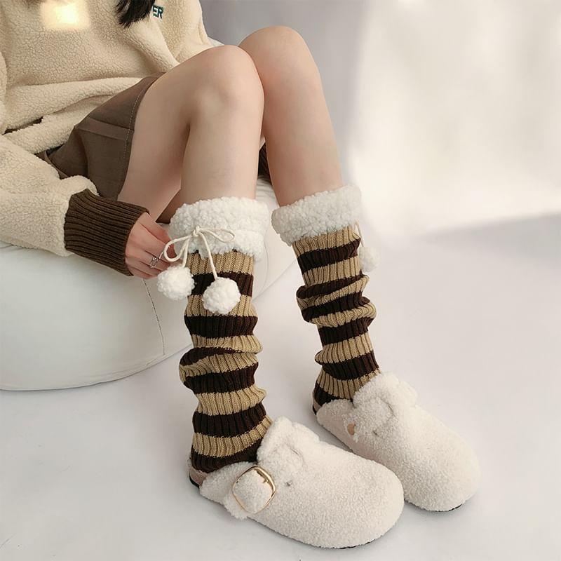 Striped Fleece Trim Pom Pom Knit Leg Warmers Product Image