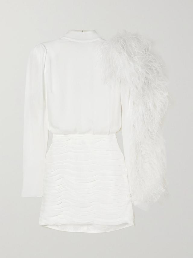 MAGDA BUTRYM Open-back Ruched Feather-trimmed Silk-satin Mini Dress In White Product Image