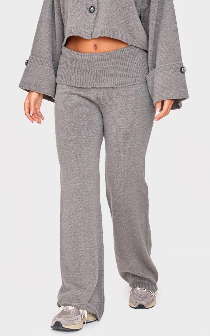 Petite Ash Grey Knitted Fold Over Flare Pants Product Image