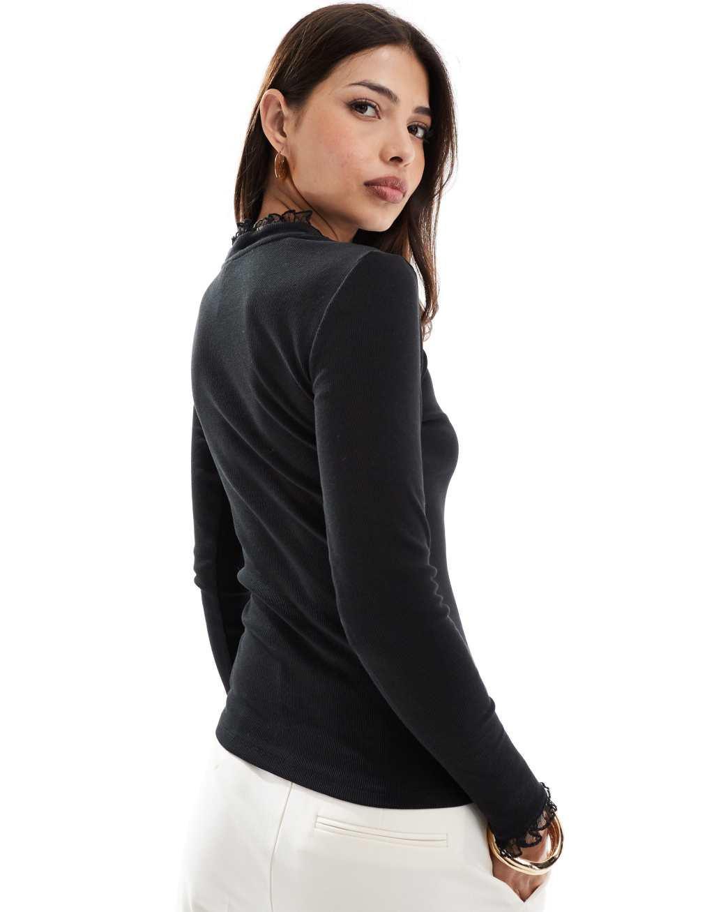 ONLY long sleeve ribbed lace trim top in black Product Image