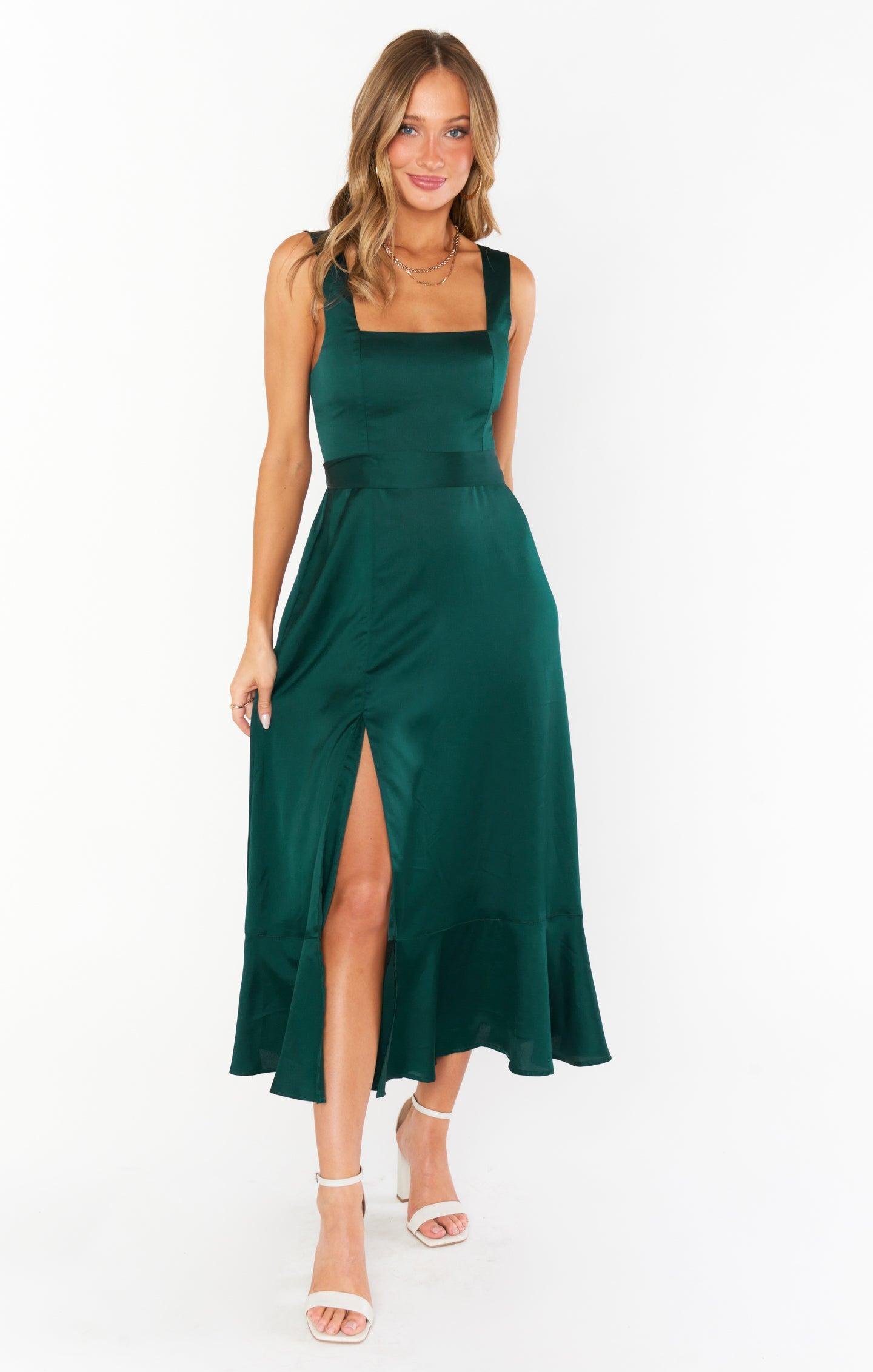 Claire Midi Dress ~ Deep Emerald Luxe Satin Product Image