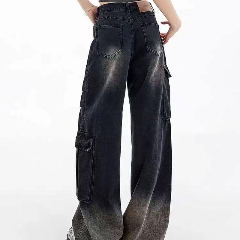 High Rise Gradient Washed Wide Leg Cargo Jeans Product Image