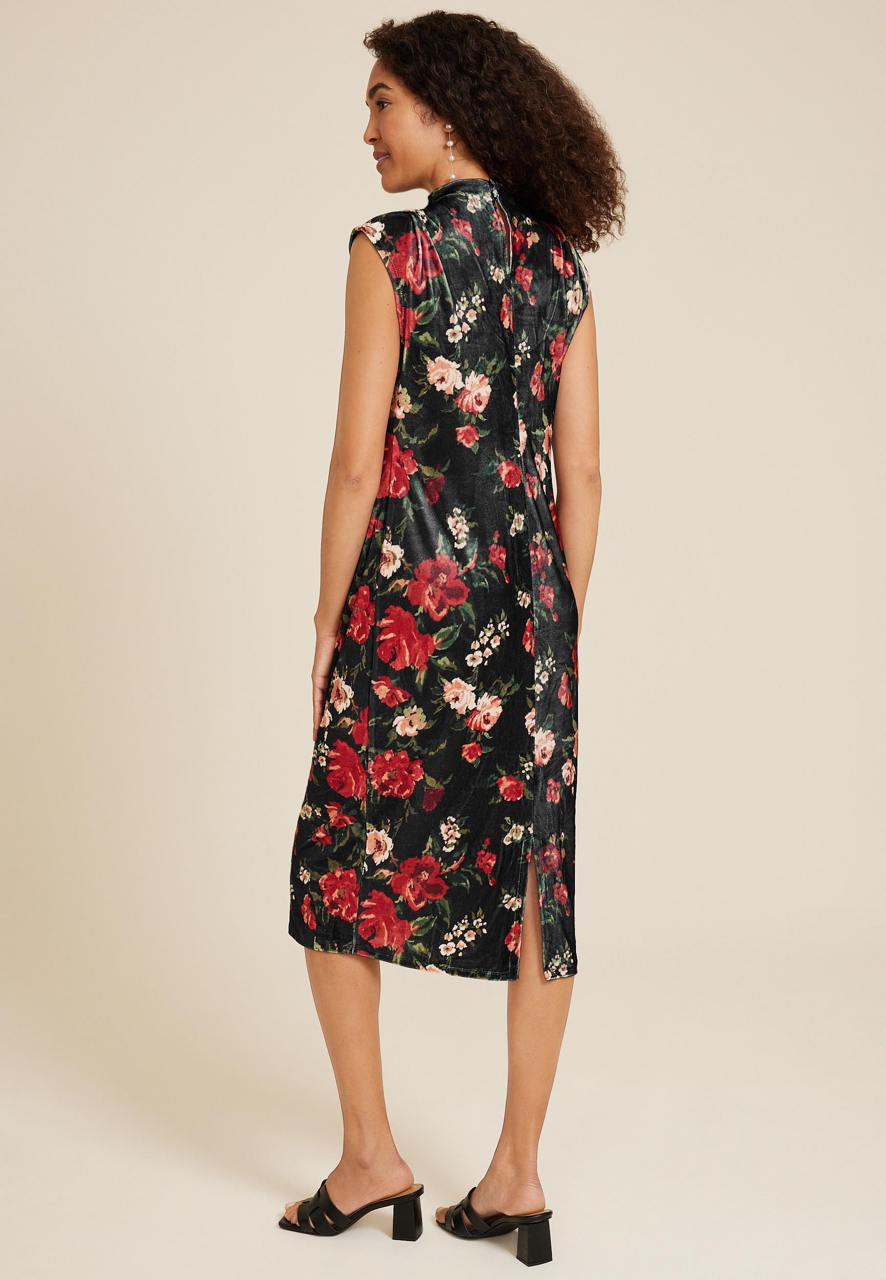 Bare Floral Velvet Mock Neck Dress Product Image