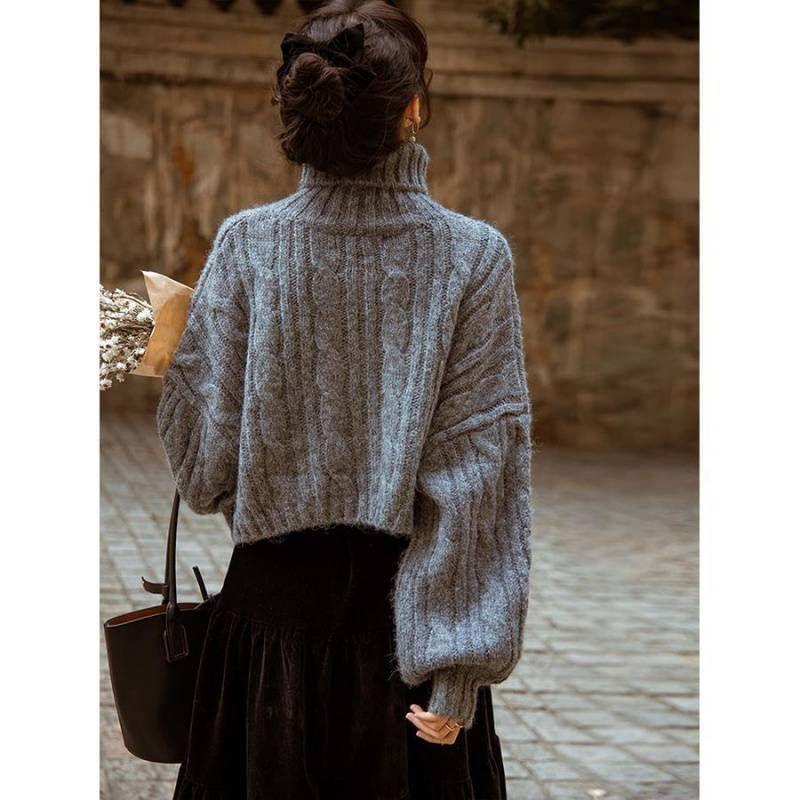 Turtleneck Plain Cable Knitted Crop Sweater Product Image