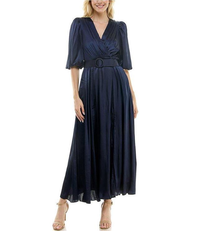 Taylor Satin Crinkle Crepe Surplice V-Neck Elbow Puff Sleeve Belted Pleated Maxi Dress Product Image