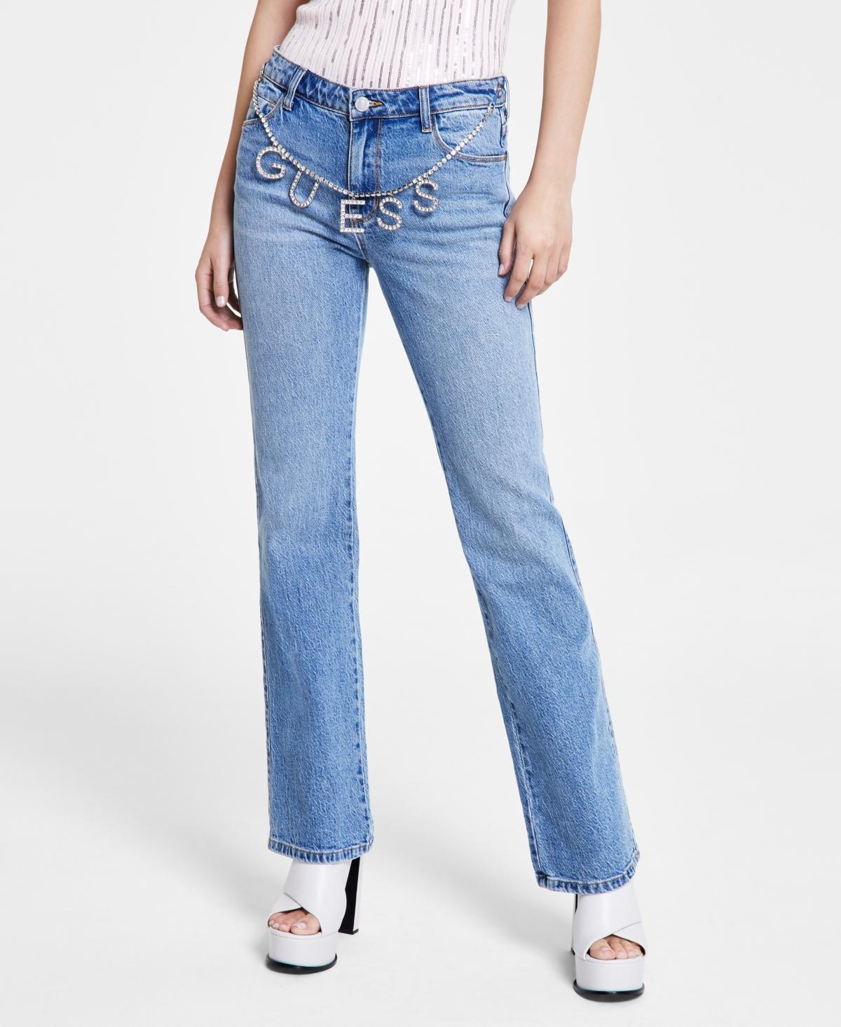 Guess Womens Embellished-Chain Straight-Leg Denim Jeans Product Image