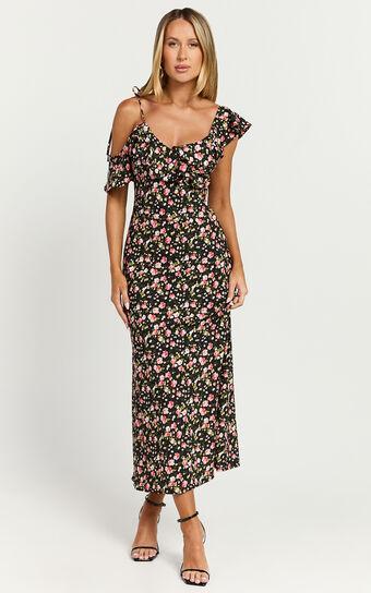 Giulia Midi Dress - One Shoulder Frill Detail Dress in Black Floral Product Image