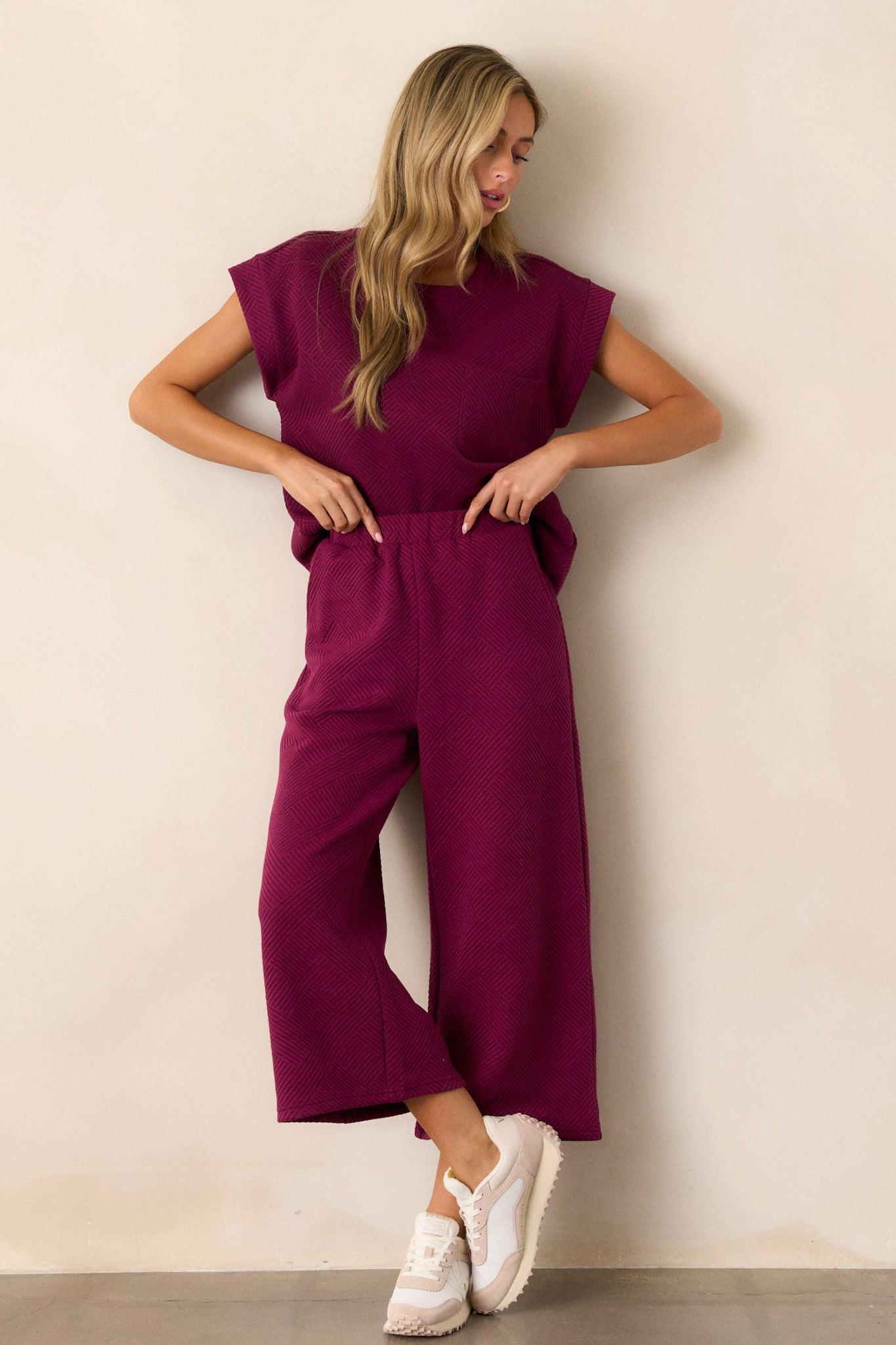 Tell Me Dark Sangria Cropped Textured Pants Product Image