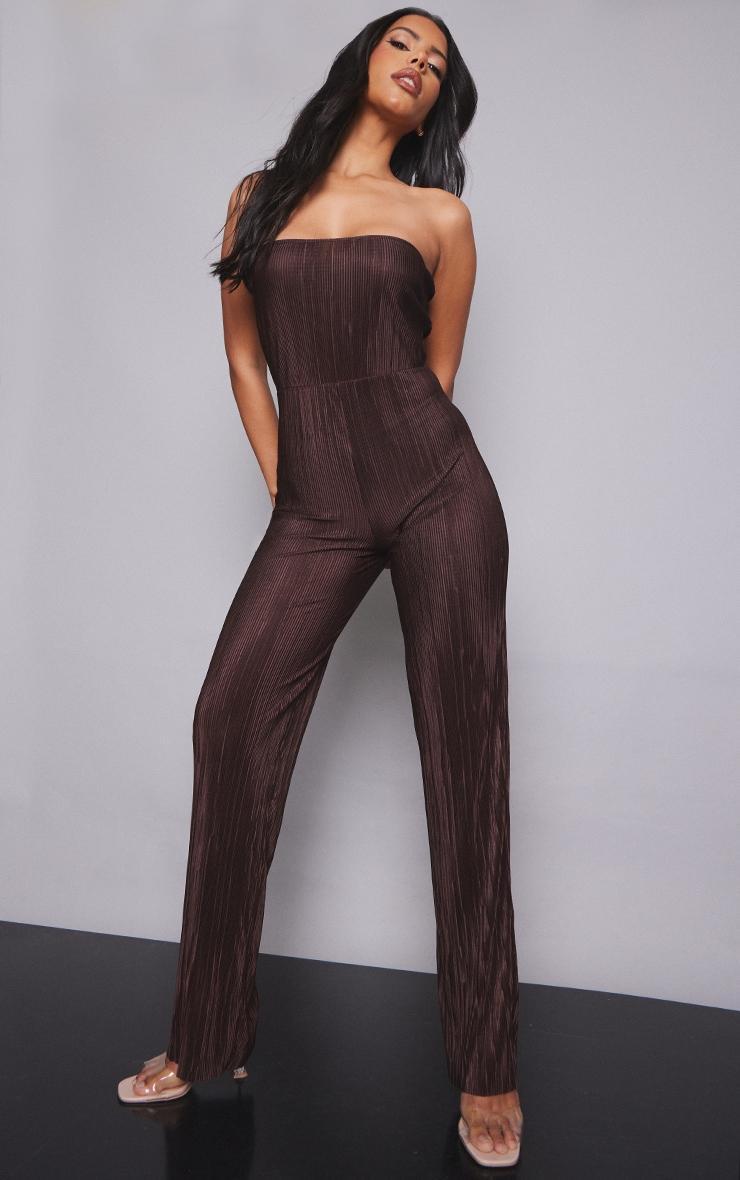 Chocolate Plisse Bandeau Jumpsuit Product Image