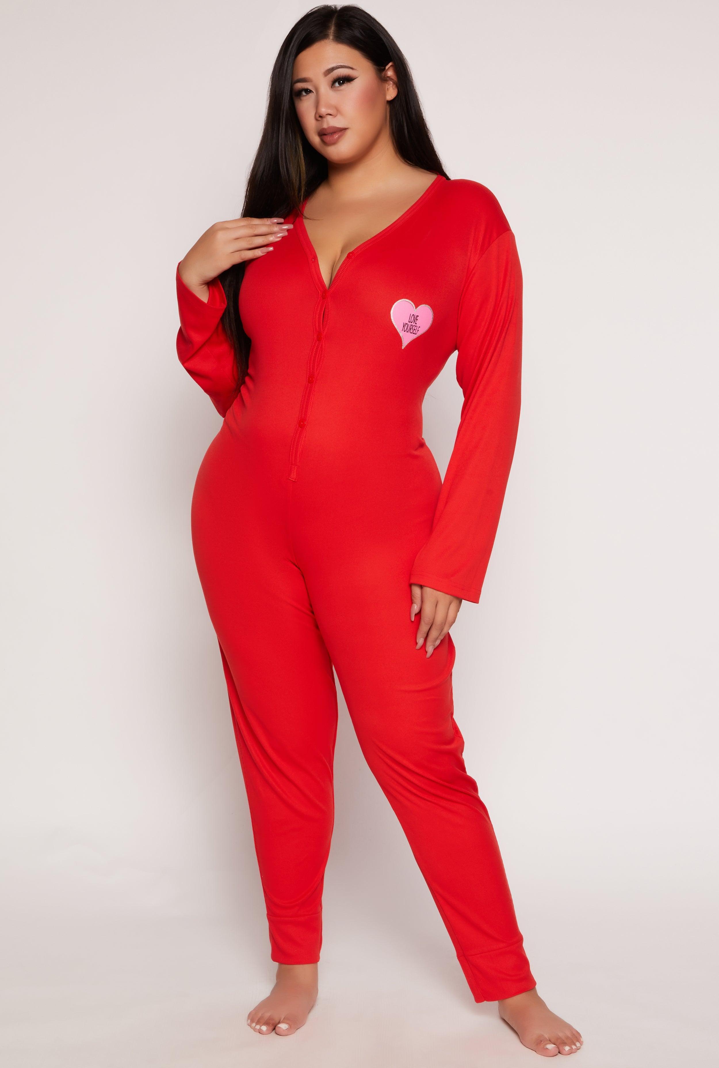 Womens Plus Size Love Yourself Graphic Pajama Onesie Product Image