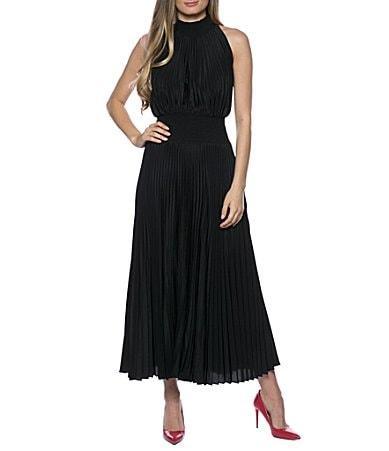 Marina Sleeveless Halter Mock Neck Smocked Pleated Crepe Chiffon A Product Image