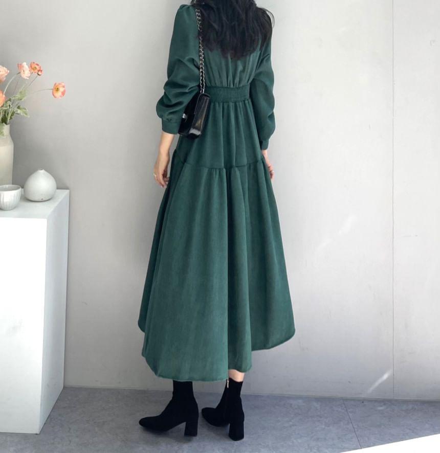 Long Sleeve V-Neck Plain Pintuck Panel Midi A-Line Dress Product Image