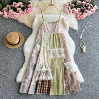 Spaghetti Strap Patchwork Mini A-Line Dress Product Image