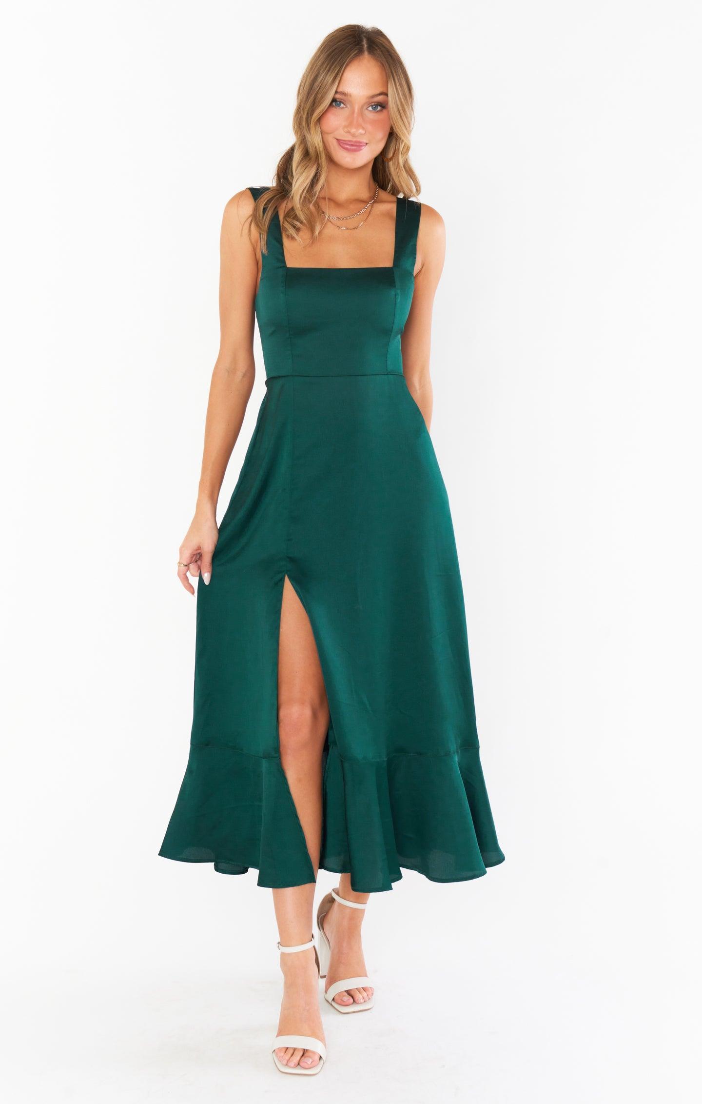 Claire Midi Dress ~ Deep Emerald Luxe Satin Product Image