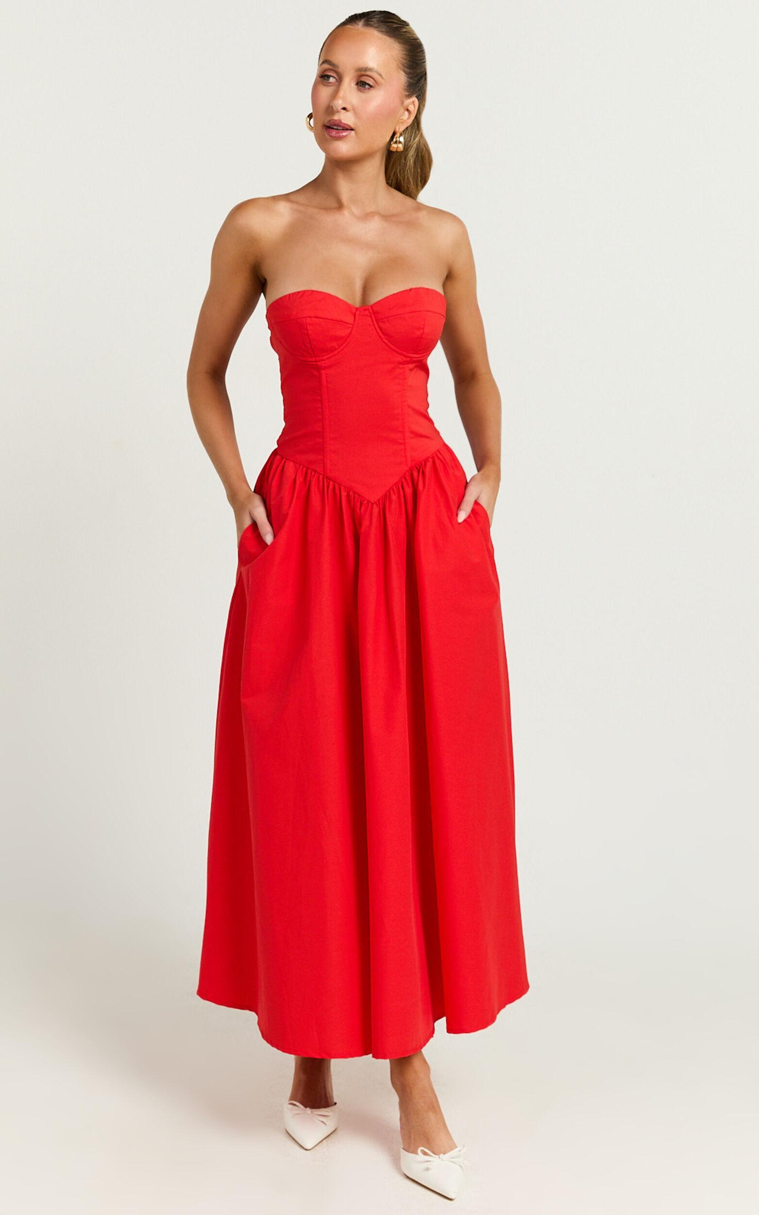 Daria Midi Dress - Strapless Corset Gathered Dress in Red Product Image