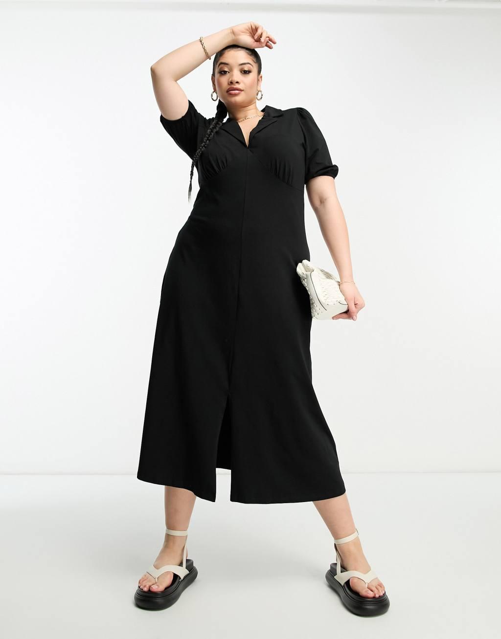 ASOS DESIGN Curve ultimate midi tea dress with collar in black Product Image