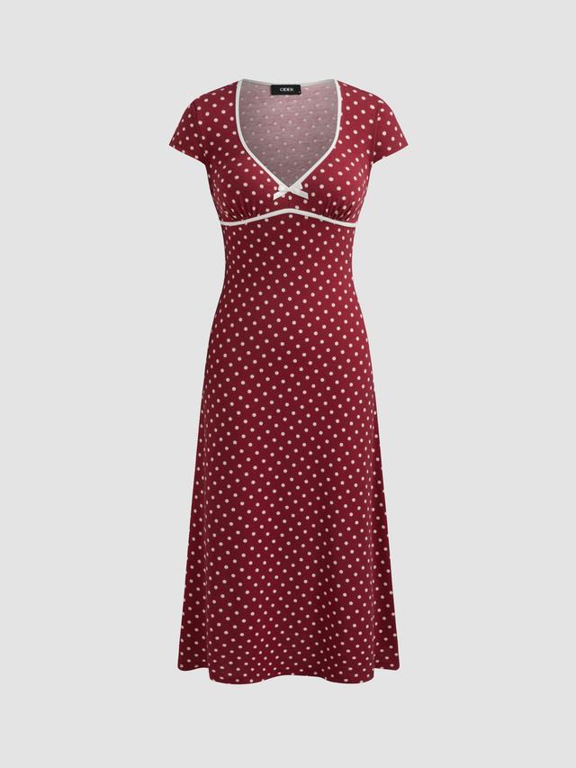 Knit V-neck Polka Dot Bowknot Midi Dress Product Image