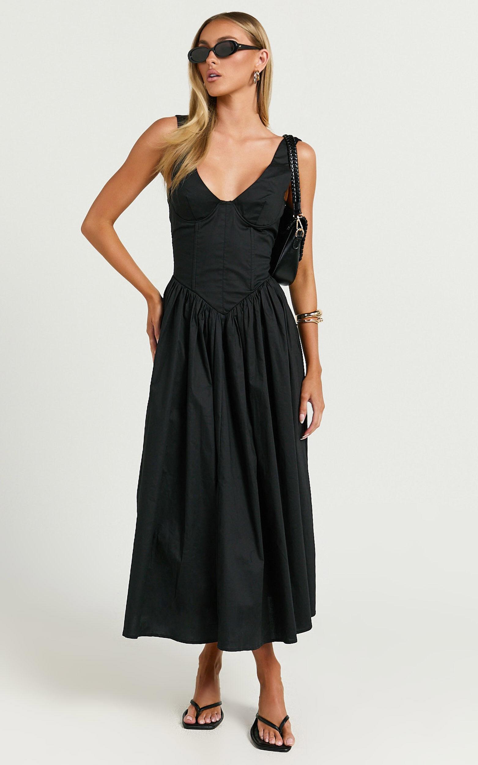 Beckett Midi Dress - Scoop Neck Drop V Waist Gathered Skirt Dress in Black Product Image