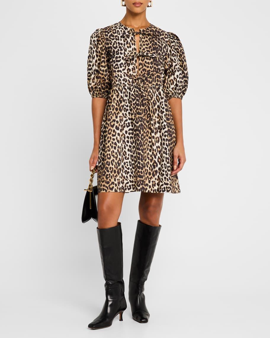 Leopard Tie-Front Puff-Sleeve Mini Dress Product Image