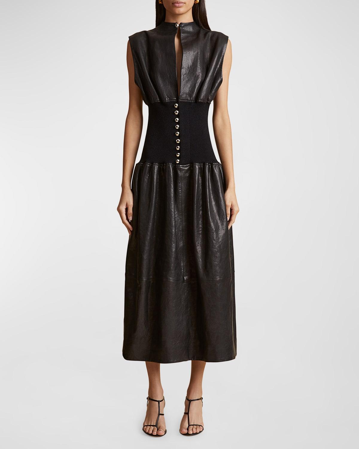 Uni Ribbed Waist Leather Dress Product Image