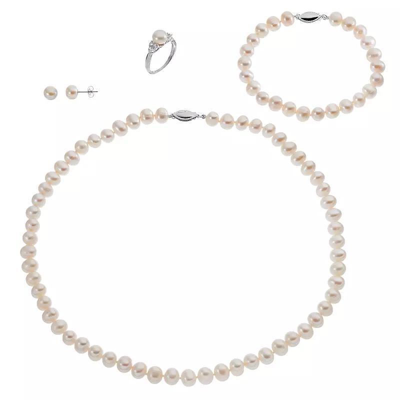 Sterling Silver Freshwater Cultured Pearl & Lab-Created White Sapphire Necklace, Bracelet, Earring & Ring Set, Womens Product Image