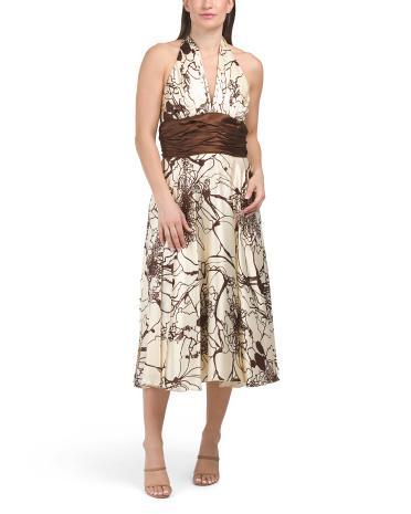 Silk Floral Satin V-neck Midi Dress With Waist Detail for Women Product Image