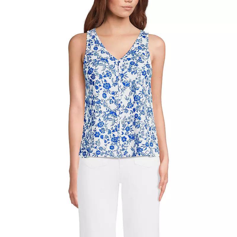 Womens Lands End Printed Button Down V-Neck Tank Top Blue Ornate Floral Product Image