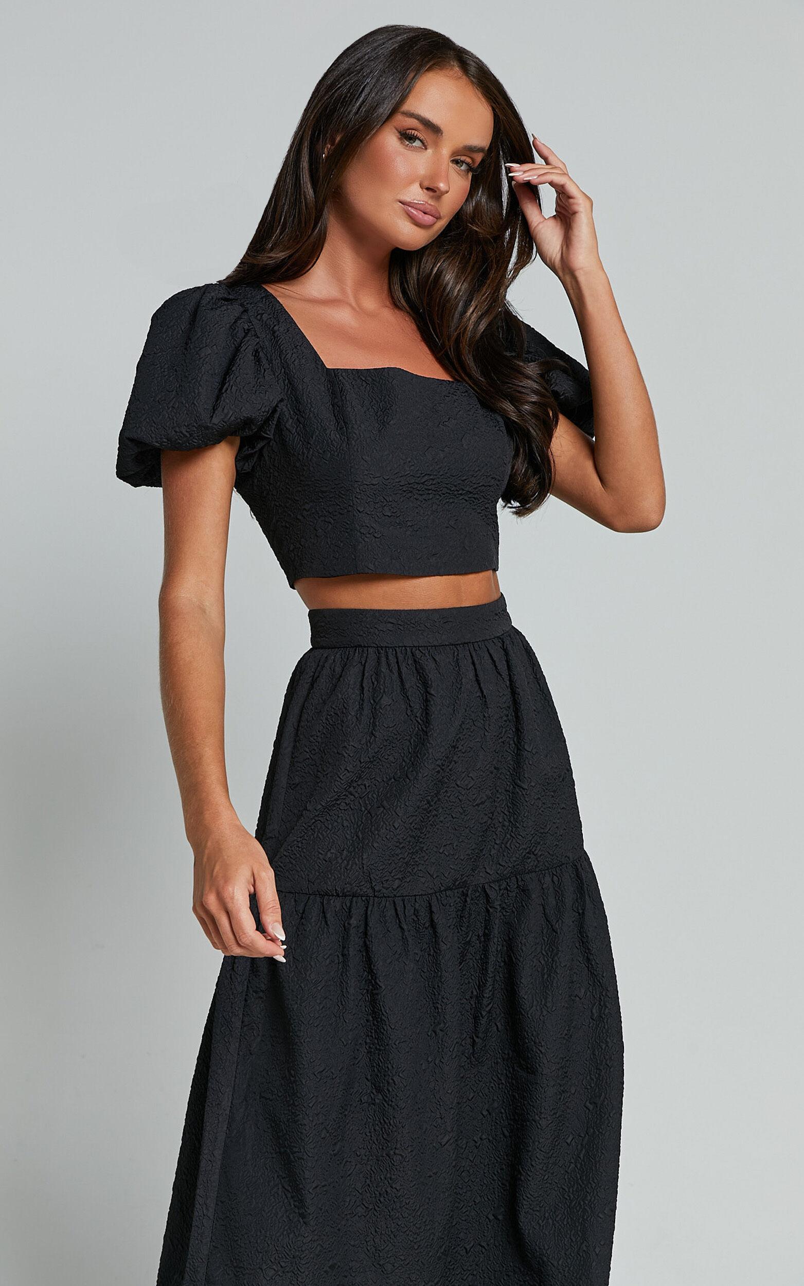 Katherine Two Piece Set - Puff Sleeve Crop Top and Ruffle Hem Midi Skirt Set in Black Product Image