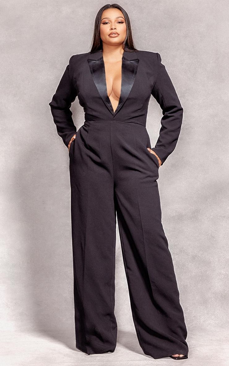 Plus Black Tailored Satin Lapel Straight Leg Jumpsuit Product Image