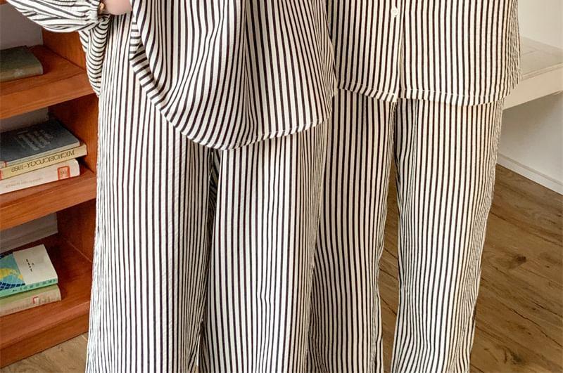 Couple Matching Long-Sleeve Striped Pajama Top / Pants / Midi Sleep Dress / Set (Various Designs) Product Image